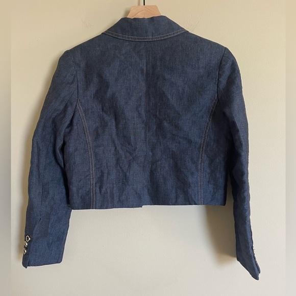 Karen Millen Premium Tailored Linen Cropped Pocket Detail Blazer Dark Wash 6 - Picture 4 of 7